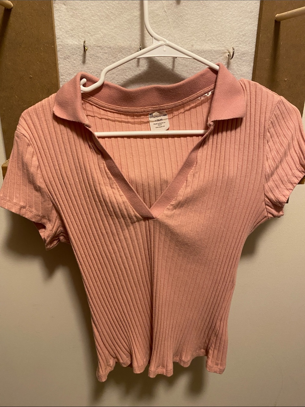 Ribbed Pink Polo V-Neck Women's Top